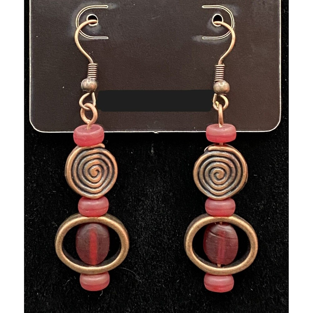 Handmade Aged Copper Swirl with Frosted Red Glass Bead Earrings by Neanie-Bot